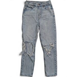 American Eagle Womens Mom Straight Jean Size 0 Distressed Ripped Light Wash Blue